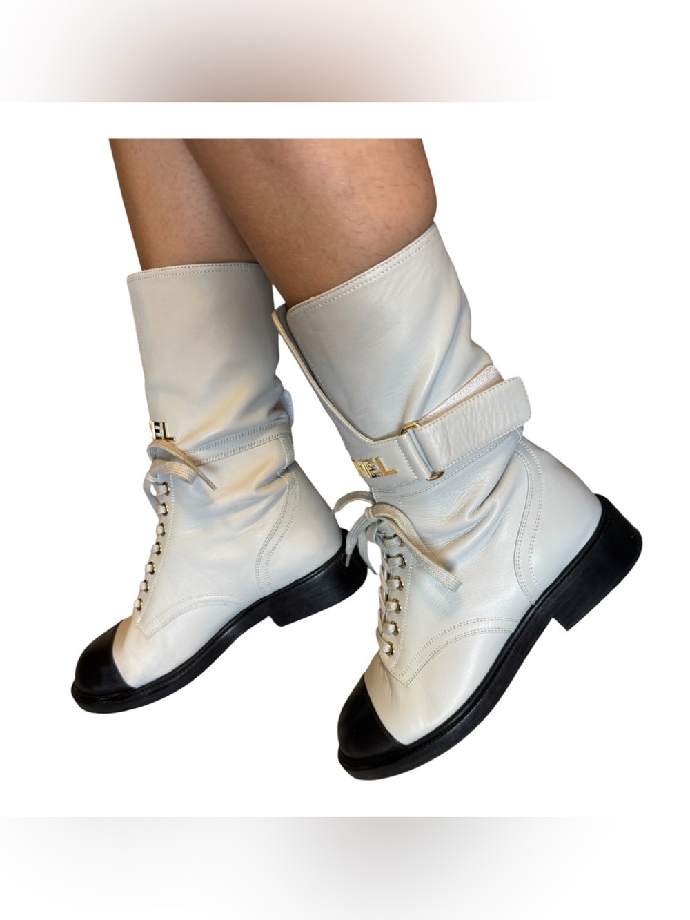 CHANEL Grey black Leather Lace-Up Boots with Black Cap Toe and Gold Logo Strap - Picture 11 of 16